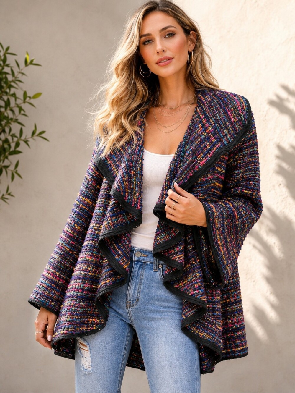 Berek Artsy Boho Multicolor Waterfal Ruffle Tweed Sweater Jacket Size 2XL